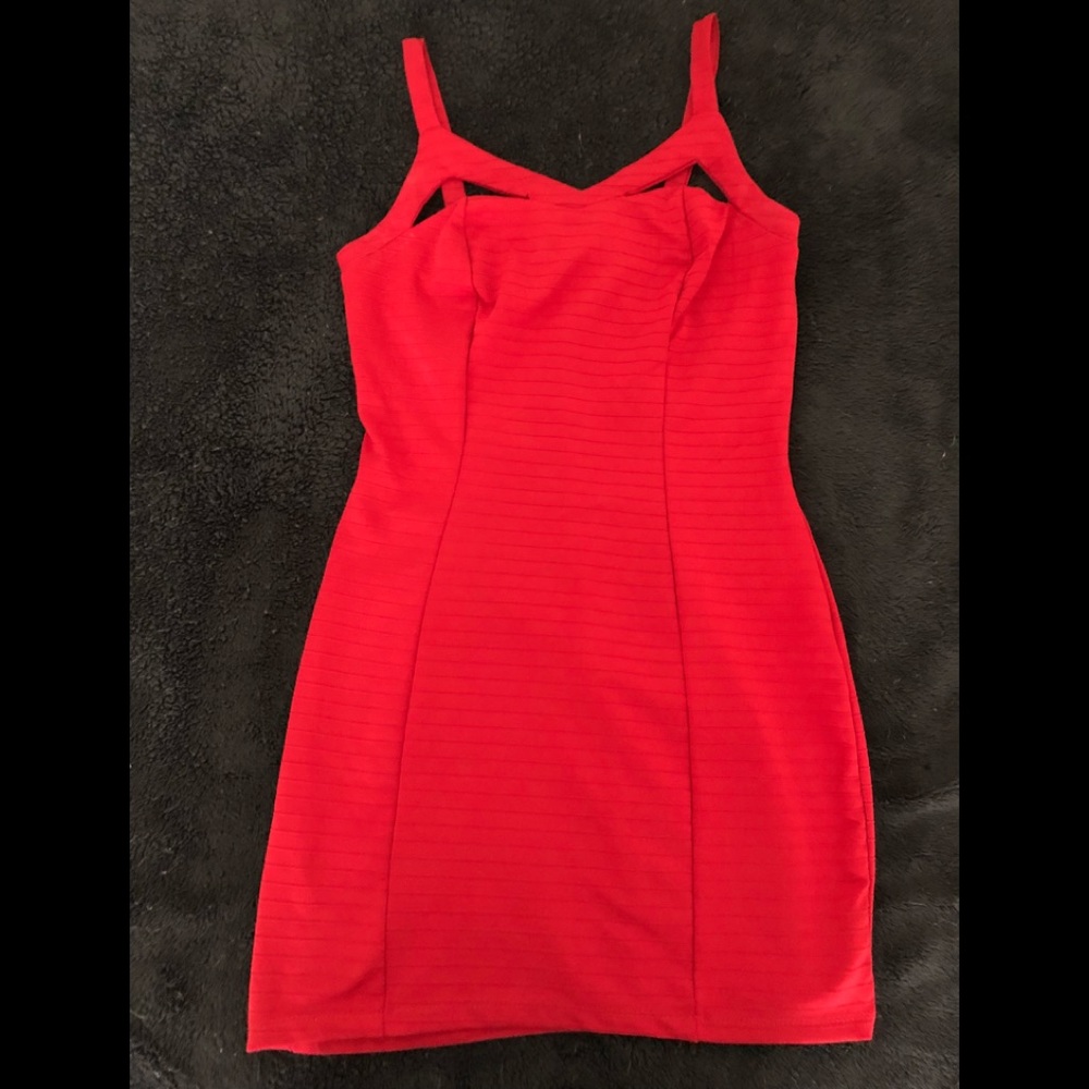 Bright red dress.